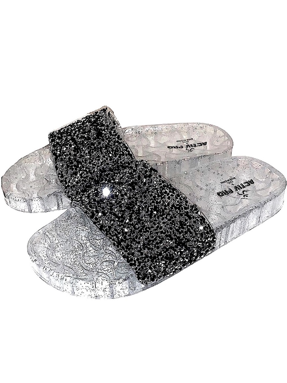 Active Pro Sparkly Metallic Beaded Embellished Jelly Sandals Gray Silver Comfy